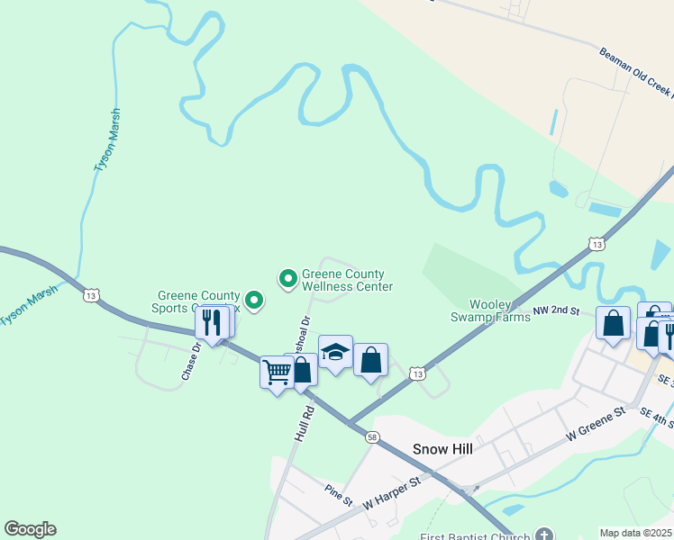 map of restaurants, bars, coffee shops, grocery stores, and more near 313 Pineshoal Drive in Snow Hill