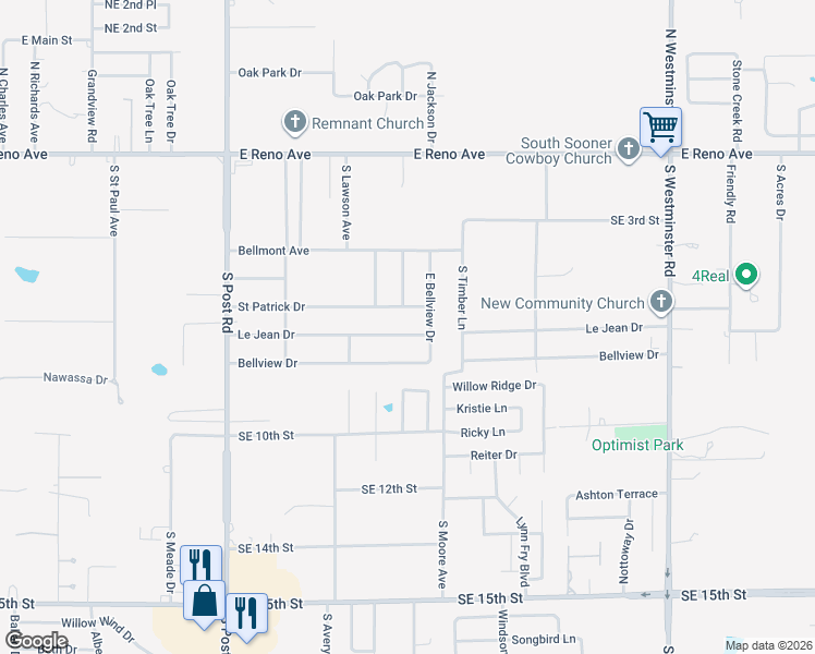 map of restaurants, bars, coffee shops, grocery stores, and more near 721 East Bellview Drive in Midwest City