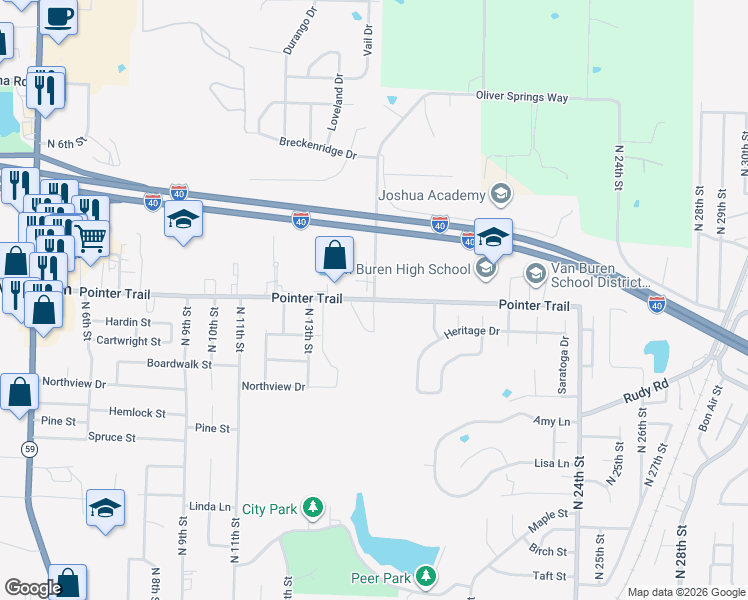 map of restaurants, bars, coffee shops, grocery stores, and more near 1414 Pointer Trail in Van Buren