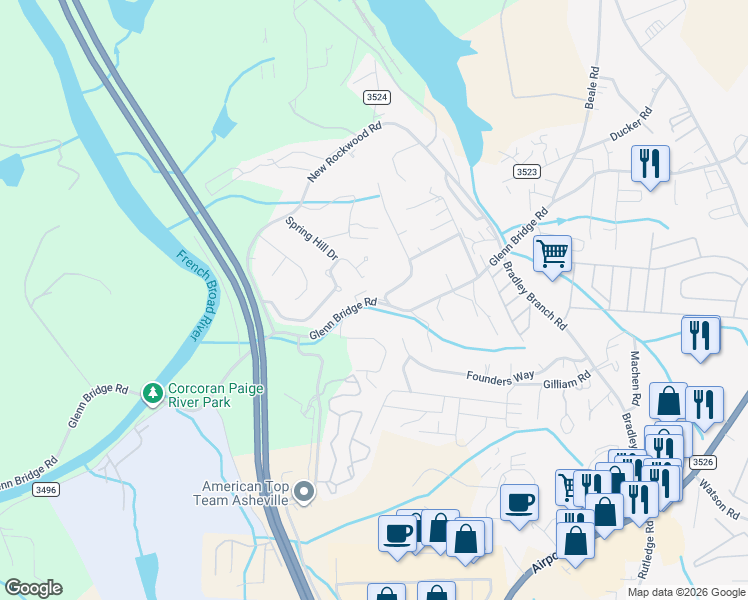 map of restaurants, bars, coffee shops, grocery stores, and more near 314 Glenn Bridge Road in Arden