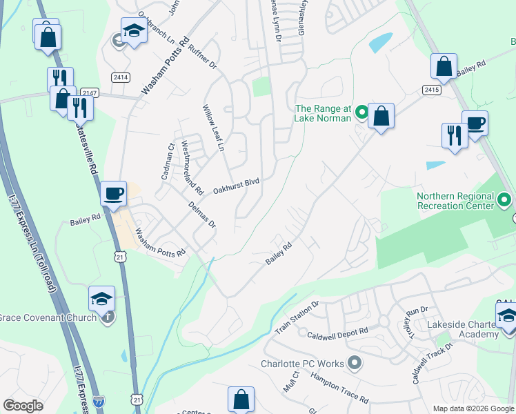 map of restaurants, bars, coffee shops, grocery stores, and more near 18940 Kanawha Drive in Cornelius