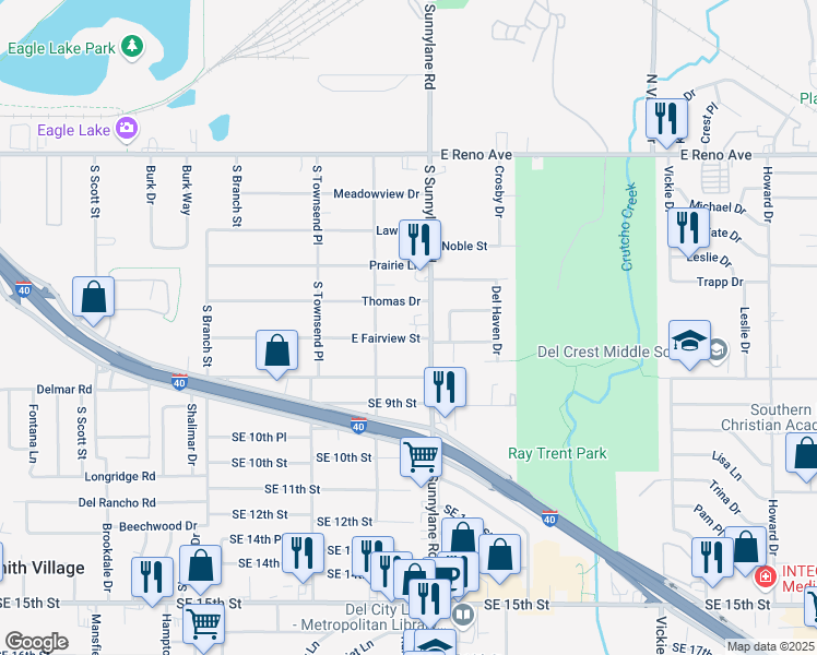 map of restaurants, bars, coffee shops, grocery stores, and more near 4107 East Fairview Street in Del City