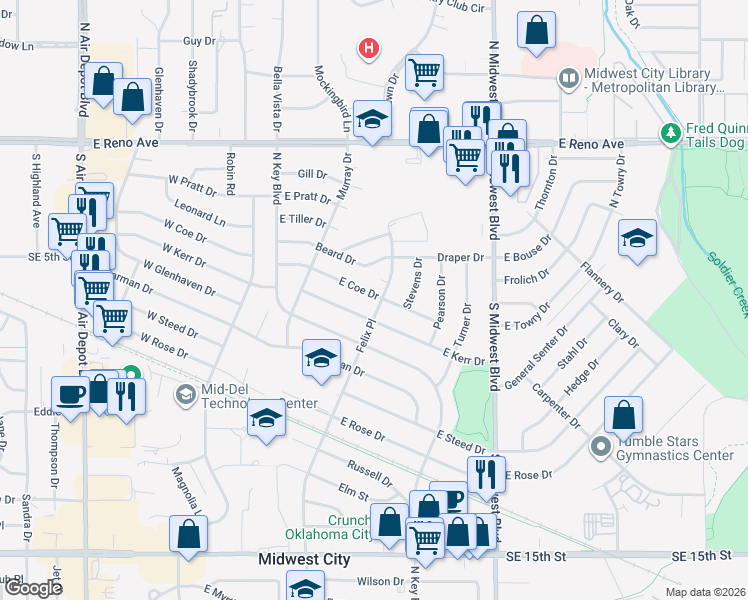 map of restaurants, bars, coffee shops, grocery stores, and more near 260 East Coe Drive in Midwest City