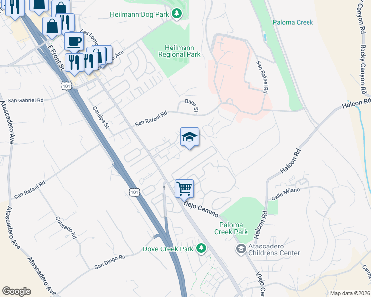 map of restaurants, bars, coffee shops, grocery stores, and more near 829 Buena Fortuna in Atascadero