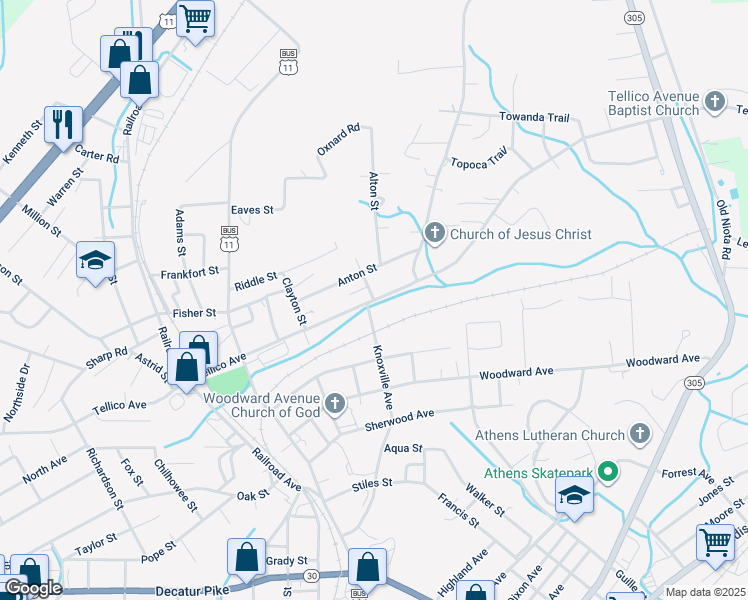 map of restaurants, bars, coffee shops, grocery stores, and more near 601 Tellico Avenue in Athens