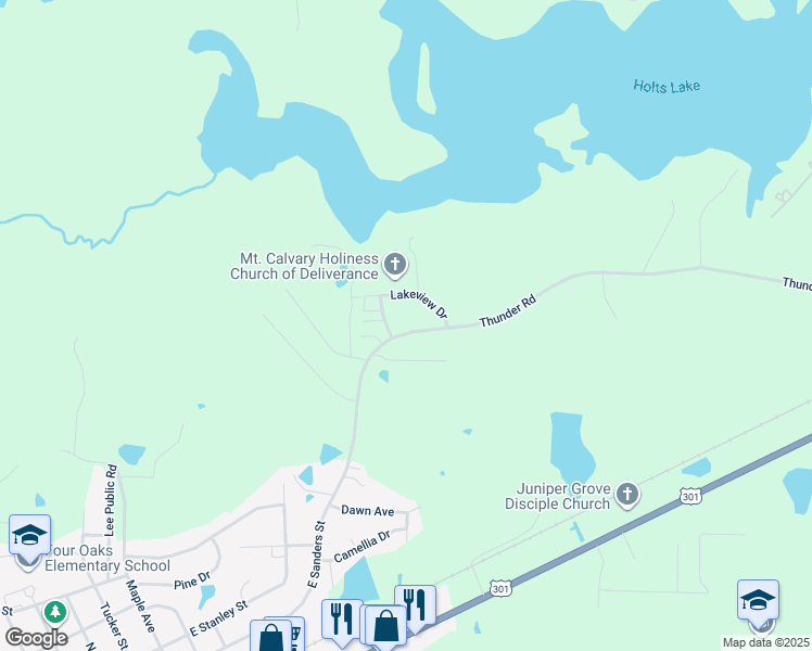map of restaurants, bars, coffee shops, grocery stores, and more near 903 East Sanders Street in Four Oaks