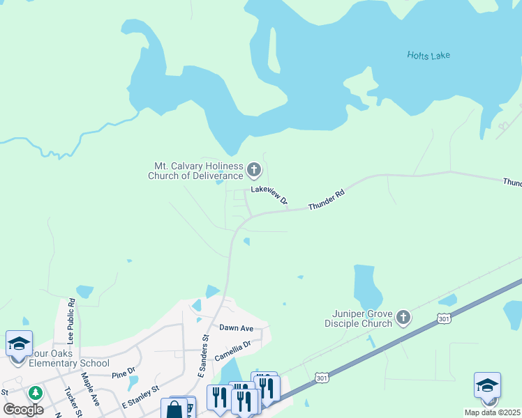 map of restaurants, bars, coffee shops, grocery stores, and more near 903 East Sanders Street in Four Oaks