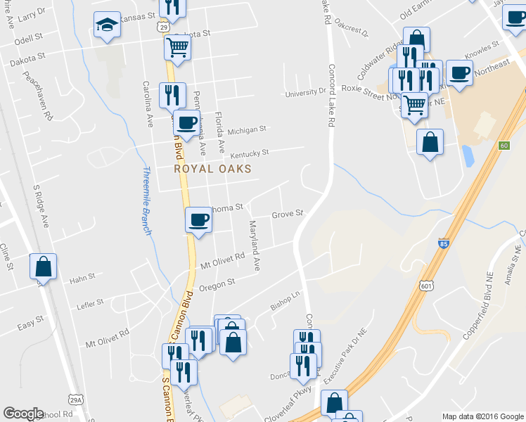 map of restaurants, bars, coffee shops, grocery stores, and more near 1105 Grove St in Kannapolis