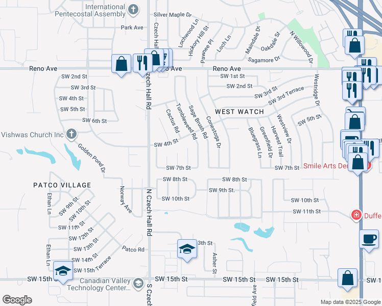 map of restaurants, bars, coffee shops, grocery stores, and more near 612 Cactus Court in Yukon