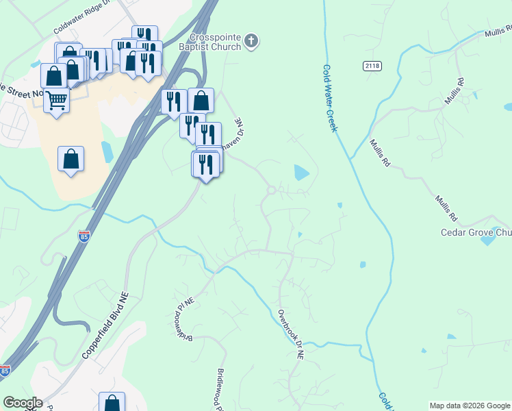 map of restaurants, bars, coffee shops, grocery stores, and more near 998 Ravenswood Drive Northeast in Concord