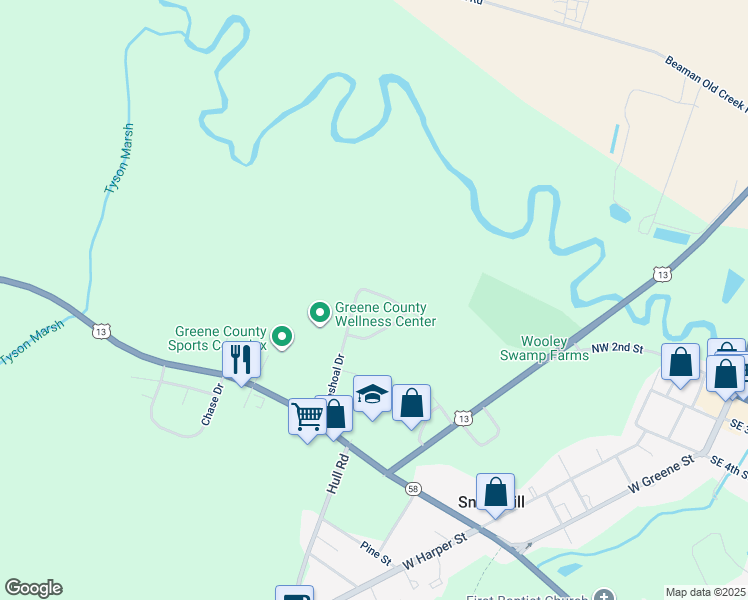 map of restaurants, bars, coffee shops, grocery stores, and more near 313 Pineshoal Drive in Snow Hill