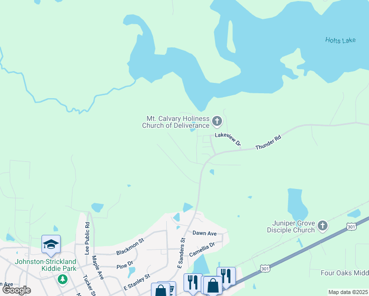 map of restaurants, bars, coffee shops, grocery stores, and more near 142 Ridgemoore Court in Four Oaks