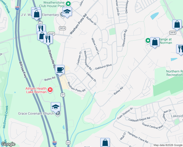 map of restaurants, bars, coffee shops, grocery stores, and more near 17808 Delmas Drive in Cornelius