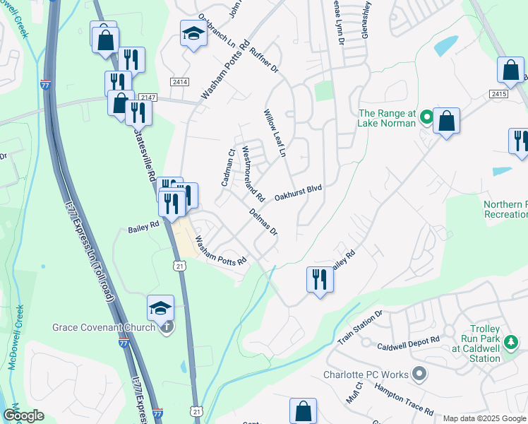 map of restaurants, bars, coffee shops, grocery stores, and more near 18710 Oakhurst Boulevard in Cornelius