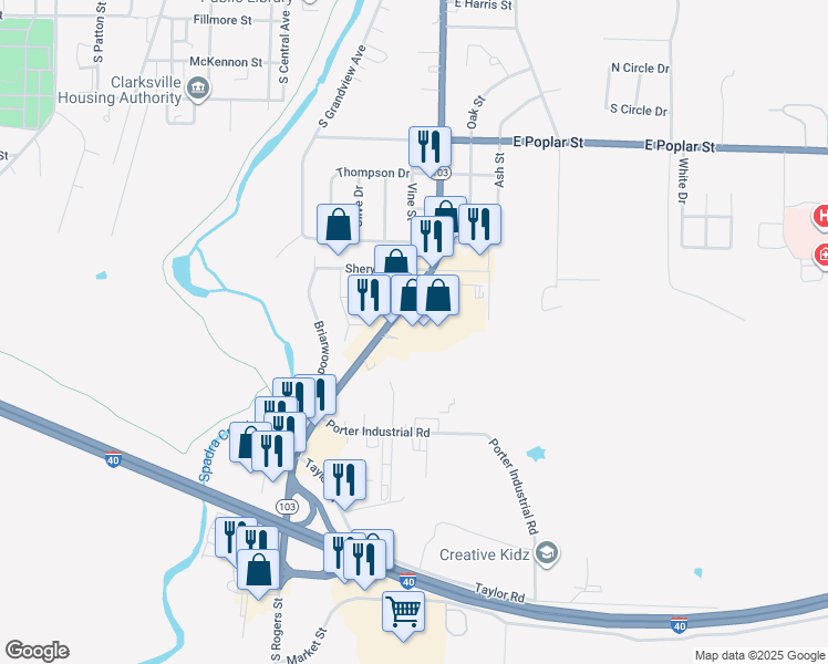 map of restaurants, bars, coffee shops, grocery stores, and more near 1147 South Rogers Street in Clarksville