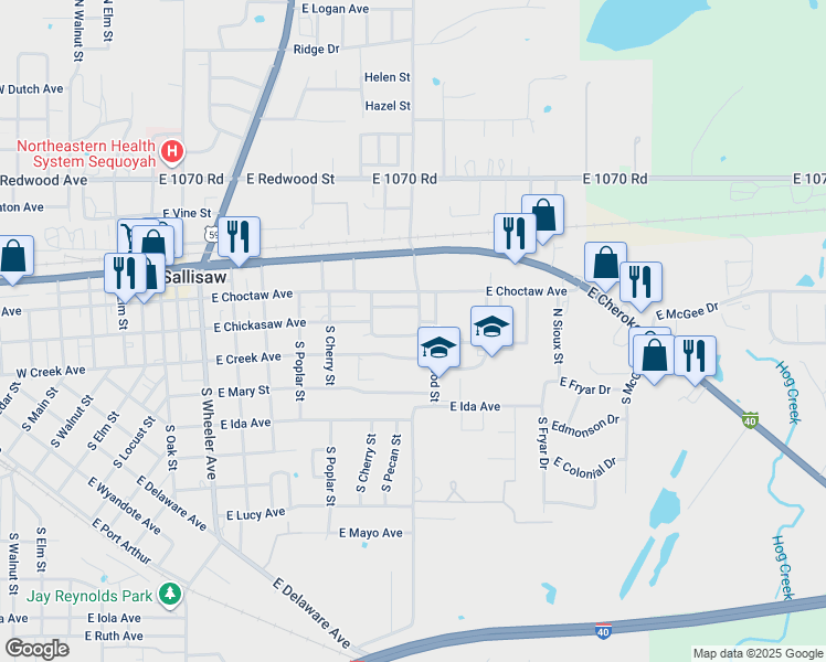 map of restaurants, bars, coffee shops, grocery stores, and more near 861 East Chickasaw Place in Sallisaw