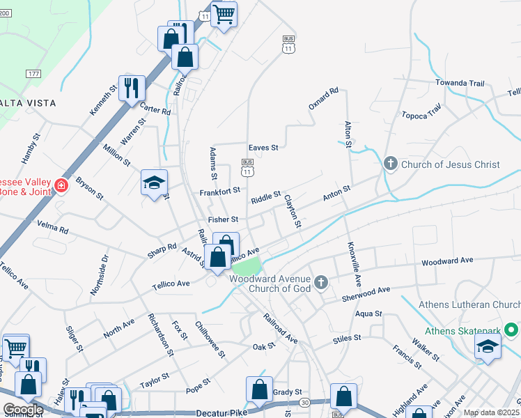 map of restaurants, bars, coffee shops, grocery stores, and more near 310 Fisher St in Athens