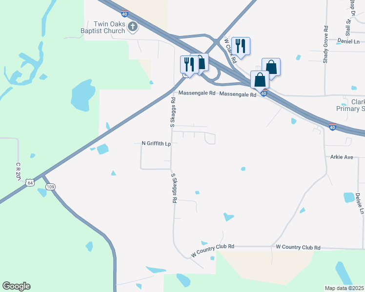 map of restaurants, bars, coffee shops, grocery stores, and more near 401 South Skaggs Road in Clarksville