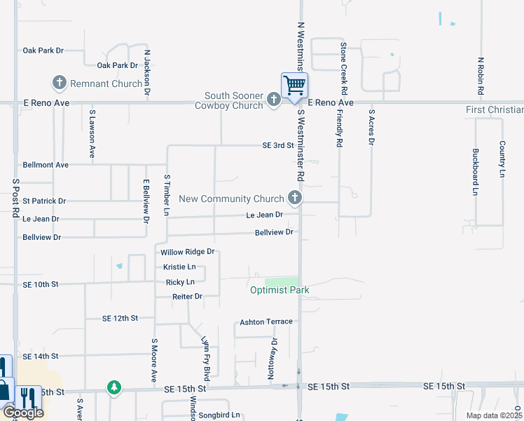 map of restaurants, bars, coffee shops, grocery stores, and more near 10825 Le Jean Drive in Midwest City