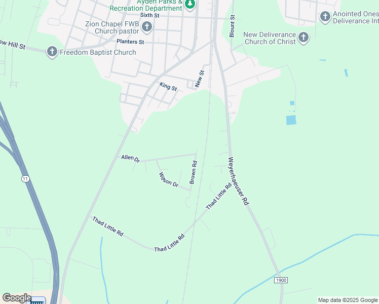 map of restaurants, bars, coffee shops, grocery stores, and more near 355 Allen Drive in Ayden