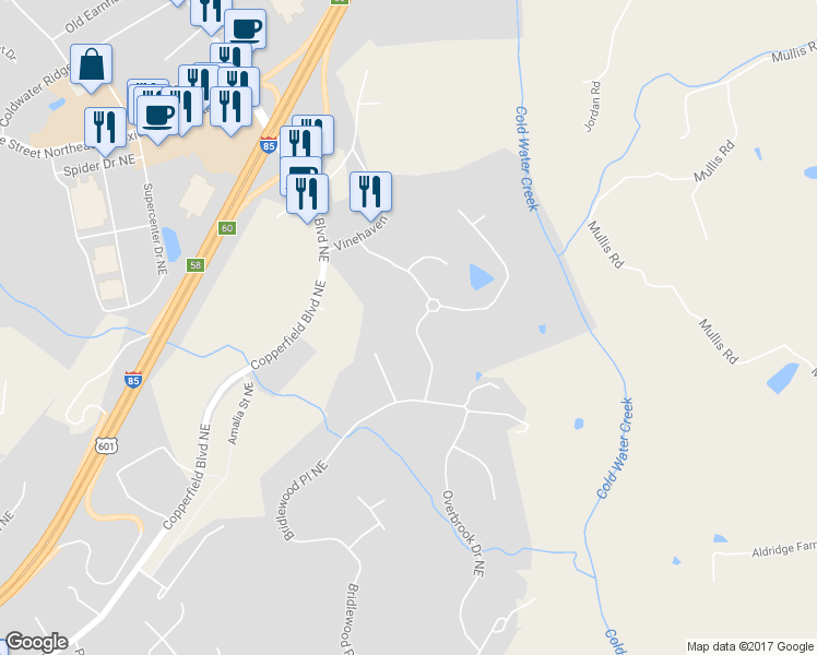 map of restaurants, bars, coffee shops, grocery stores, and more near 995 Ravenswood Rd NE in Concord