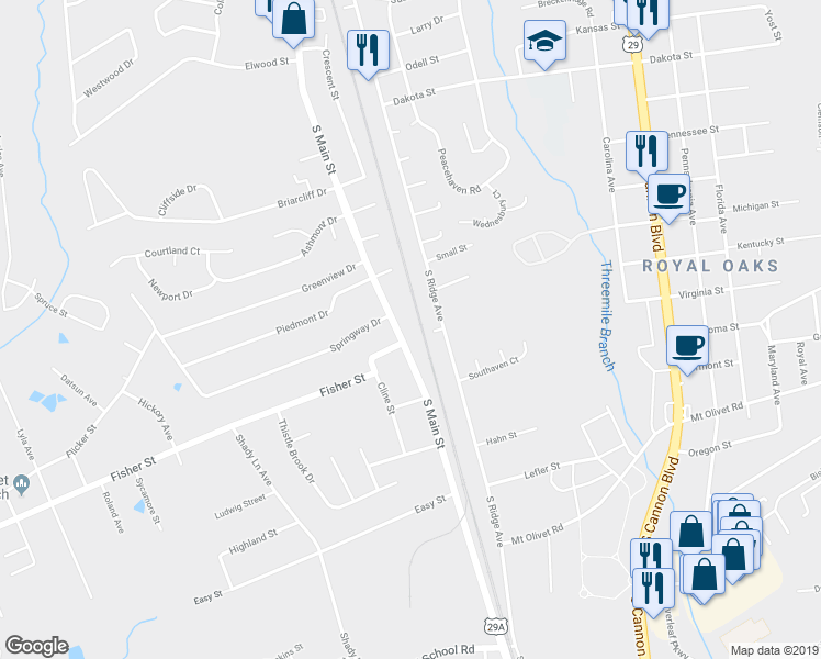 map of restaurants, bars, coffee shops, grocery stores, and more near 2513 South Main Street in Kannapolis