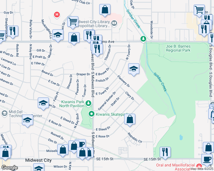 map of restaurants, bars, coffee shops, grocery stores, and more near 800 East Towry Drive in Midwest City