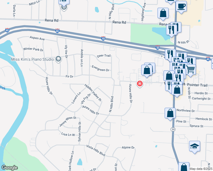 map of restaurants, bars, coffee shops, grocery stores, and more near 612 Kitty Hawk Street in Van Buren