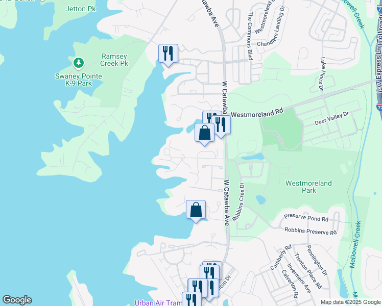 map of restaurants, bars, coffee shops, grocery stores, and more near 17904 Kings Point Drive in Cornelius