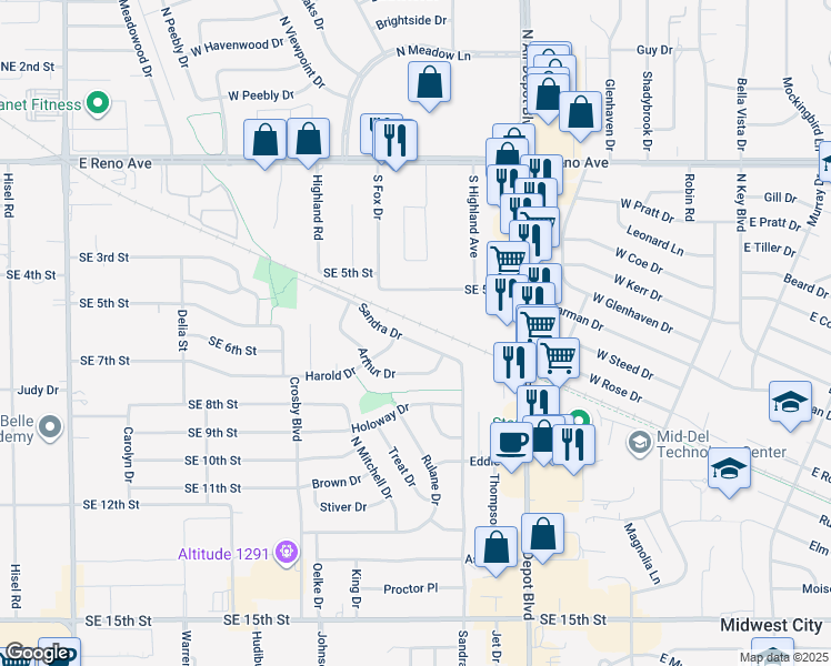 map of restaurants, bars, coffee shops, grocery stores, and more near 2212 Sandra Drive in Midwest City