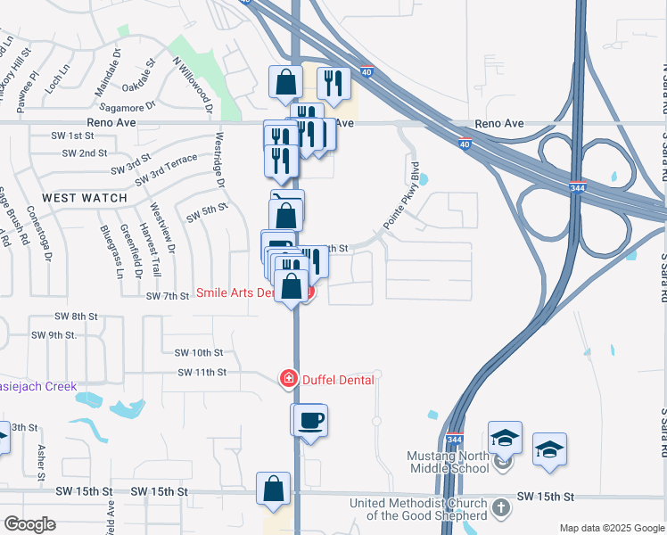 map of restaurants, bars, coffee shops, grocery stores, and more near 11308 Southwest 5th Street in Yukon