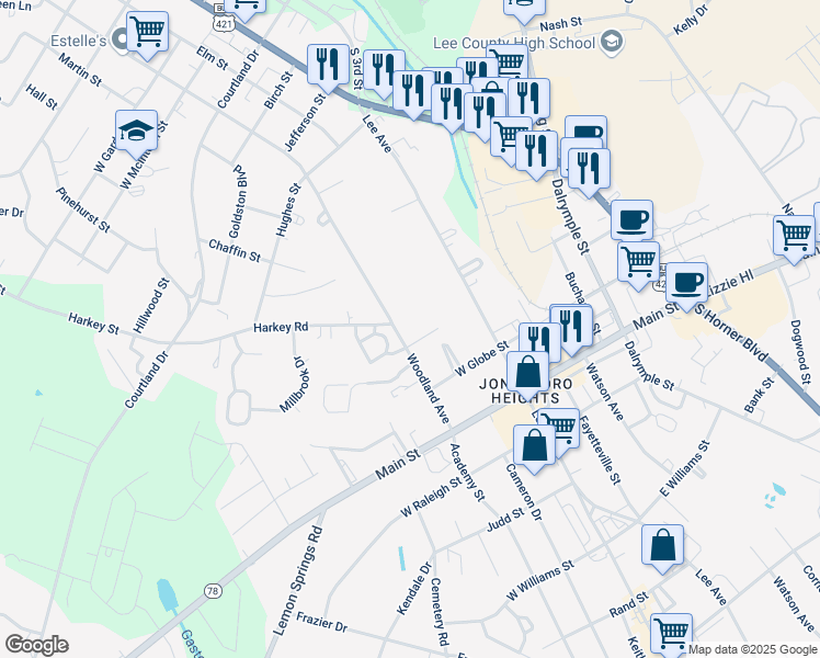 map of restaurants, bars, coffee shops, grocery stores, and more near 2201 Woodland Avenue in Sanford