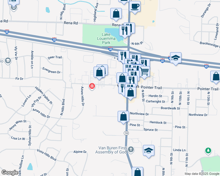 map of restaurants, bars, coffee shops, grocery stores, and more near 105 West Pointer Trail in Van Buren