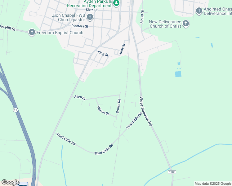 map of restaurants, bars, coffee shops, grocery stores, and more near 355 Allen Drive in Ayden