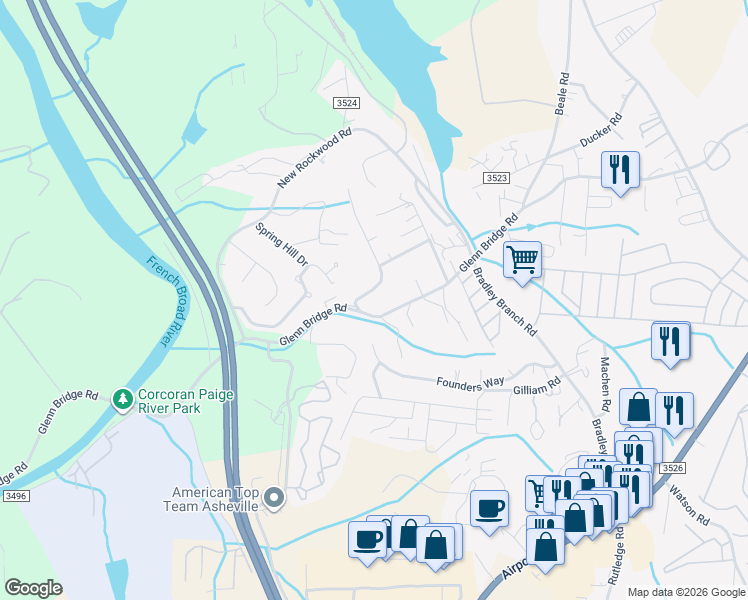 map of restaurants, bars, coffee shops, grocery stores, and more near 5 Glen View Road in Arden