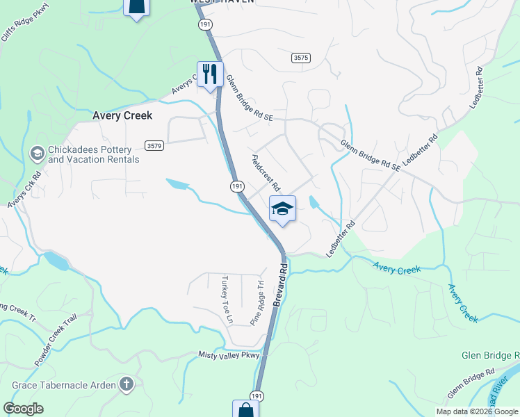 map of restaurants, bars, coffee shops, grocery stores, and more near 18 South Ridge Place in Arden