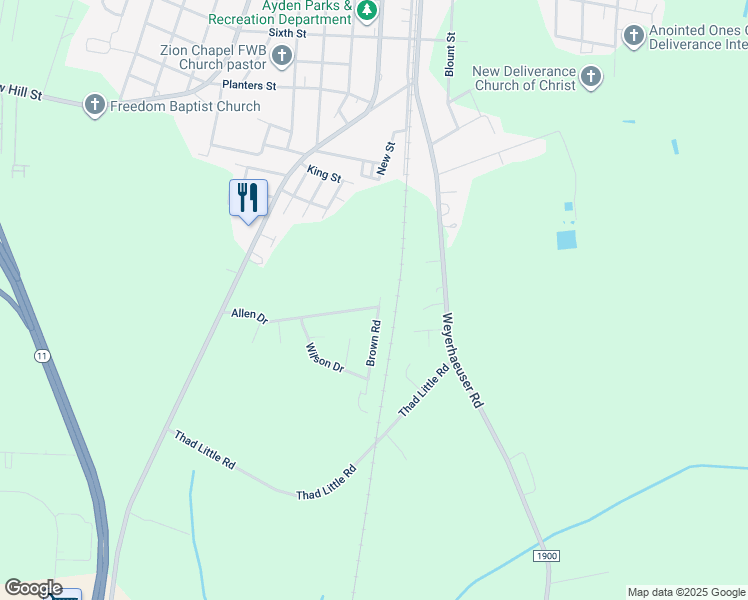 map of restaurants, bars, coffee shops, grocery stores, and more near 359 Allen Dr in Ayden