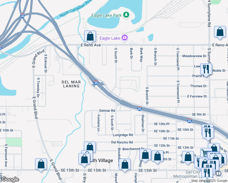 map of restaurants, bars, coffee shops, grocery stores, and more near 3051 Tinker Diagonal Street in Del City