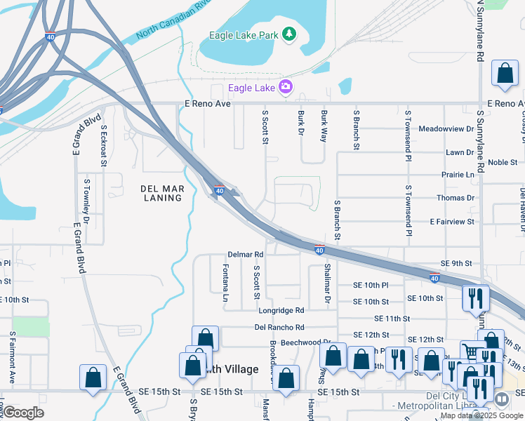 map of restaurants, bars, coffee shops, grocery stores, and more near 3051 Tinker Diagonal Street in Del City