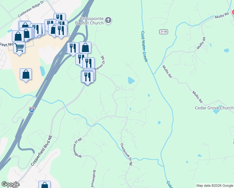 map of restaurants, bars, coffee shops, grocery stores, and more near 998 Ravenswood Drive Northeast in Concord