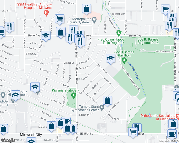 map of restaurants, bars, coffee shops, grocery stores, and more near 805 East Towry Drive in Midwest City