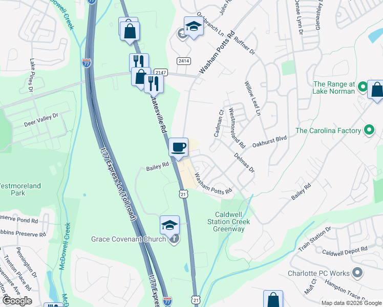 map of restaurants, bars, coffee shops, grocery stores, and more near 9670 Bailey Road in Cornelius
