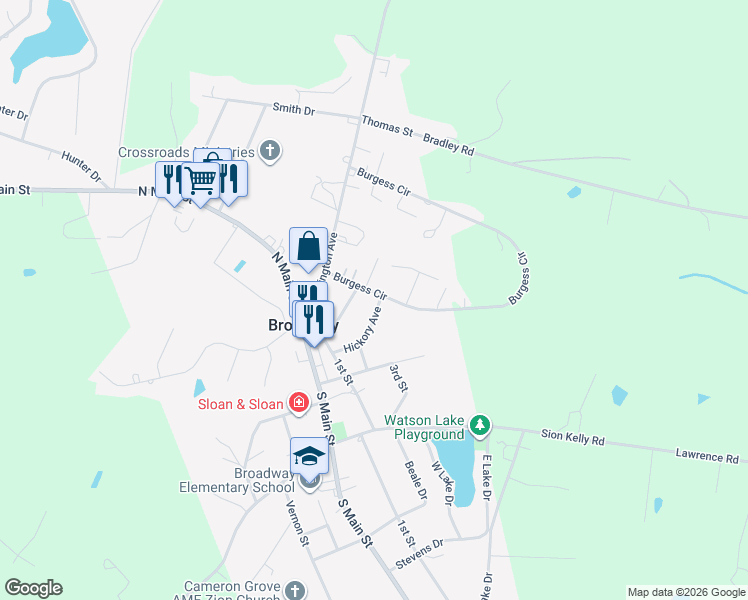 map of restaurants, bars, coffee shops, grocery stores, and more near 214 Hickory Avenue in Broadway