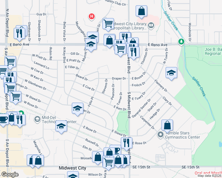 map of restaurants, bars, coffee shops, grocery stores, and more near 2116 Pearson Drive in Midwest City