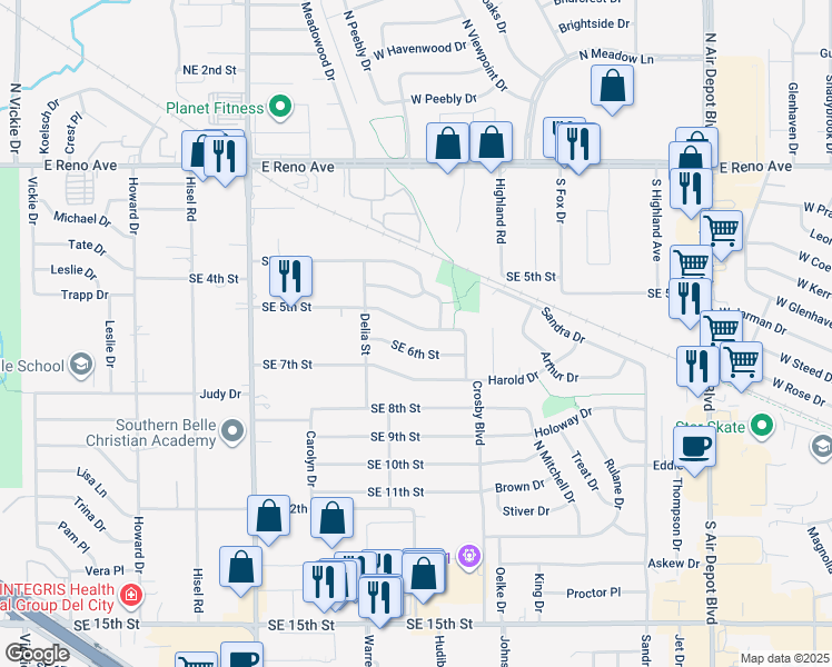 map of restaurants, bars, coffee shops, grocery stores, and more near 6113 Southeast 6th Street in Midwest City