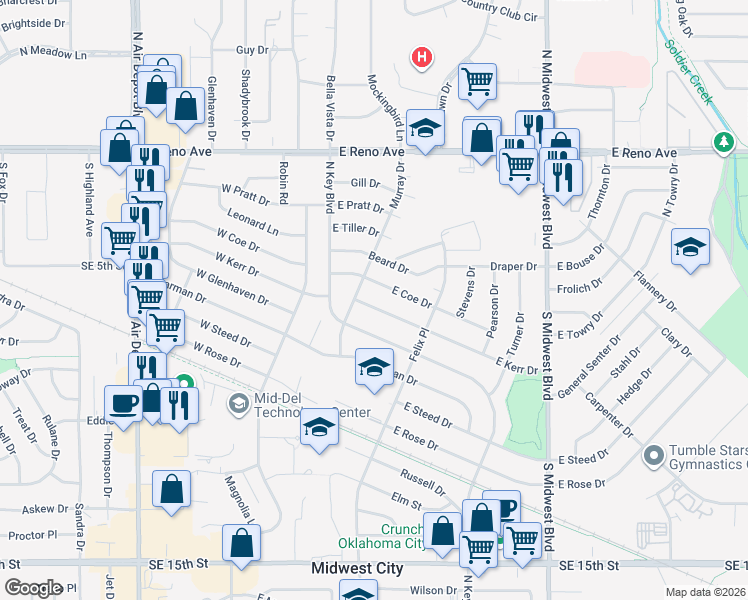 map of restaurants, bars, coffee shops, grocery stores, and more near 213 East Kerr Drive in Midwest City