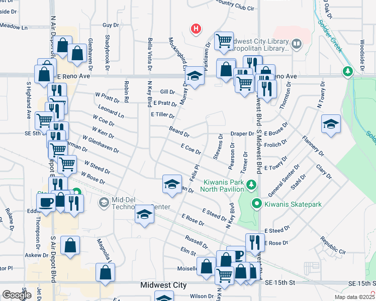 map of restaurants, bars, coffee shops, grocery stores, and more near 240 East Coe Drive in Midwest City