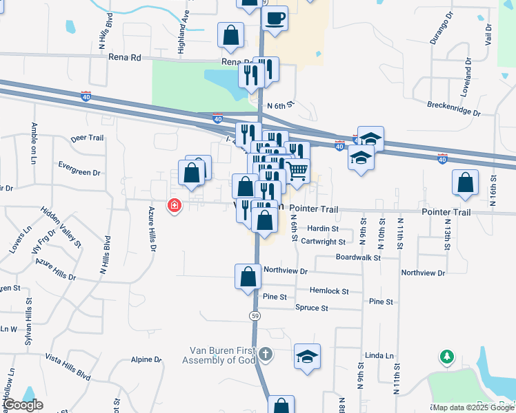 map of restaurants, bars, coffee shops, grocery stores, and more near Fayetteville Road in Van Buren