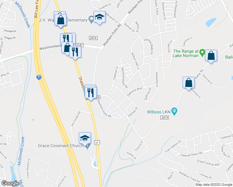 map of restaurants, bars, coffee shops, grocery stores, and more near 9762 Bailey Road in Cornelius