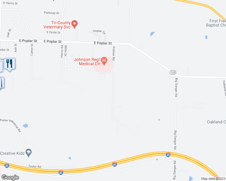 map of restaurants, bars, coffee shops, grocery stores, and more near Palmer Road in Clarksville